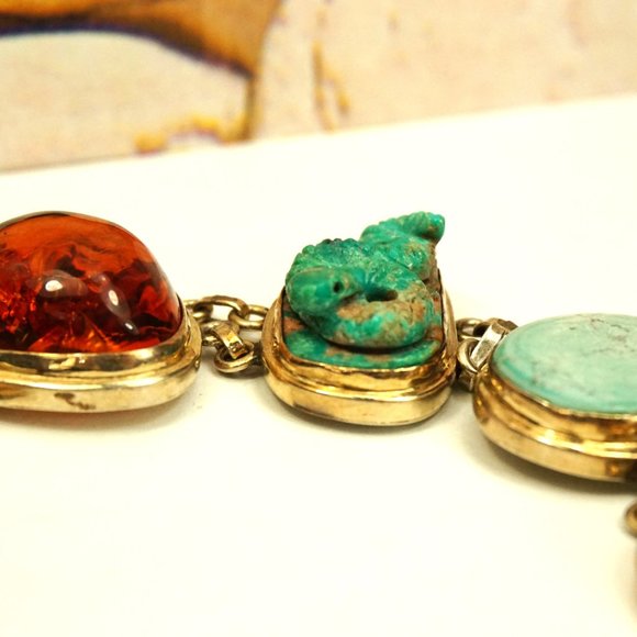 MULTI GEM HEAVY LINK BRACELET WITH TURQUOISE SNAKE, Very rare to find - Picture 9 of 11
